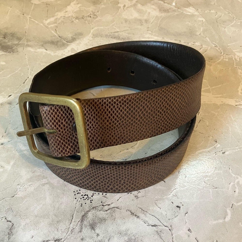 Vintage Genuine Leather Snake Print Belt Solid Brass Buckle Size 40 Double Side